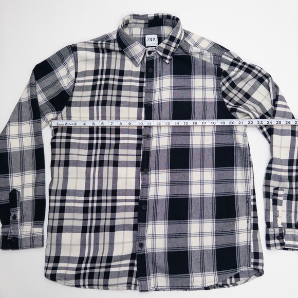 Zara Men's M Relaxed Fit Plaid Flannel Button Up Shirt Black White Shacket - Picture 2 of 8